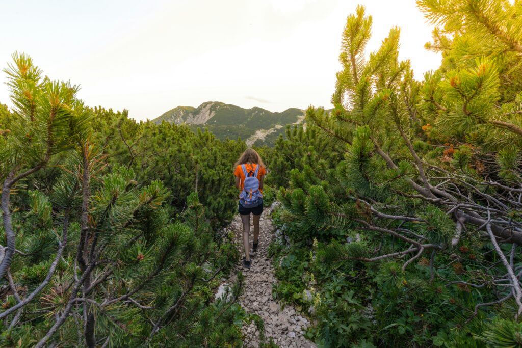 A woman hiking in the trail in the Trans Dinarica region.